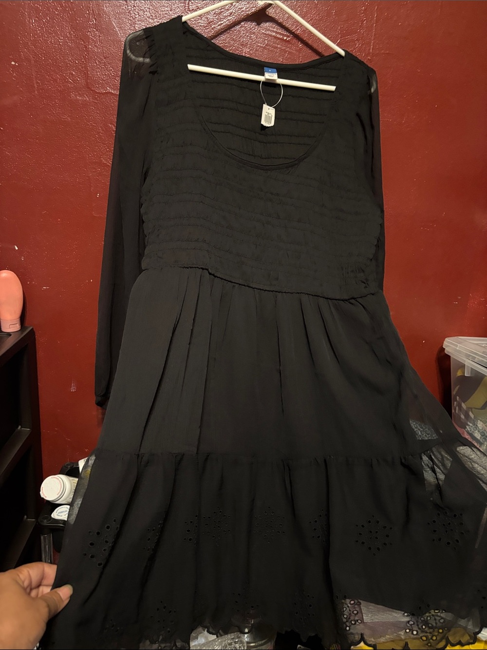 Old Navy Black Long-Sleeve Tiered Eyelet Dress
